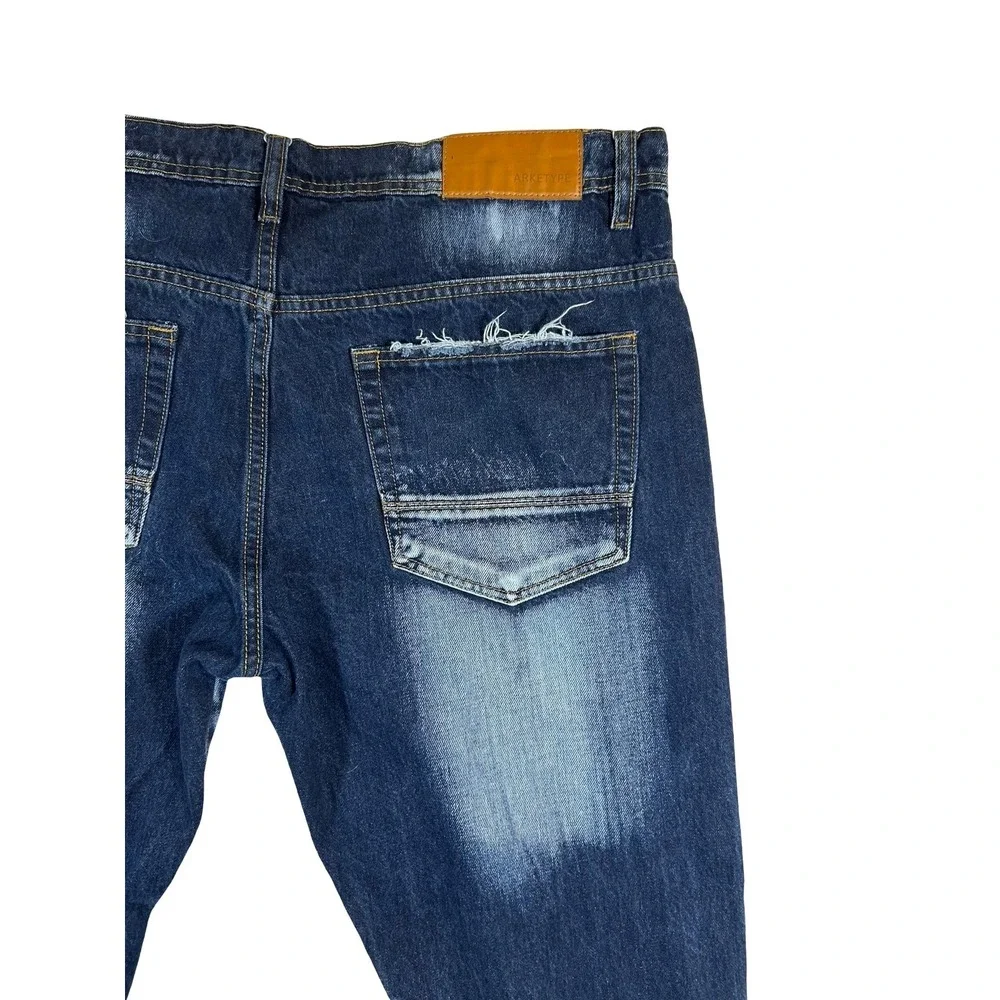 Arketype Mens Distressed Orange Patch Paint Splatter Jeans Dark Wash 38x34
